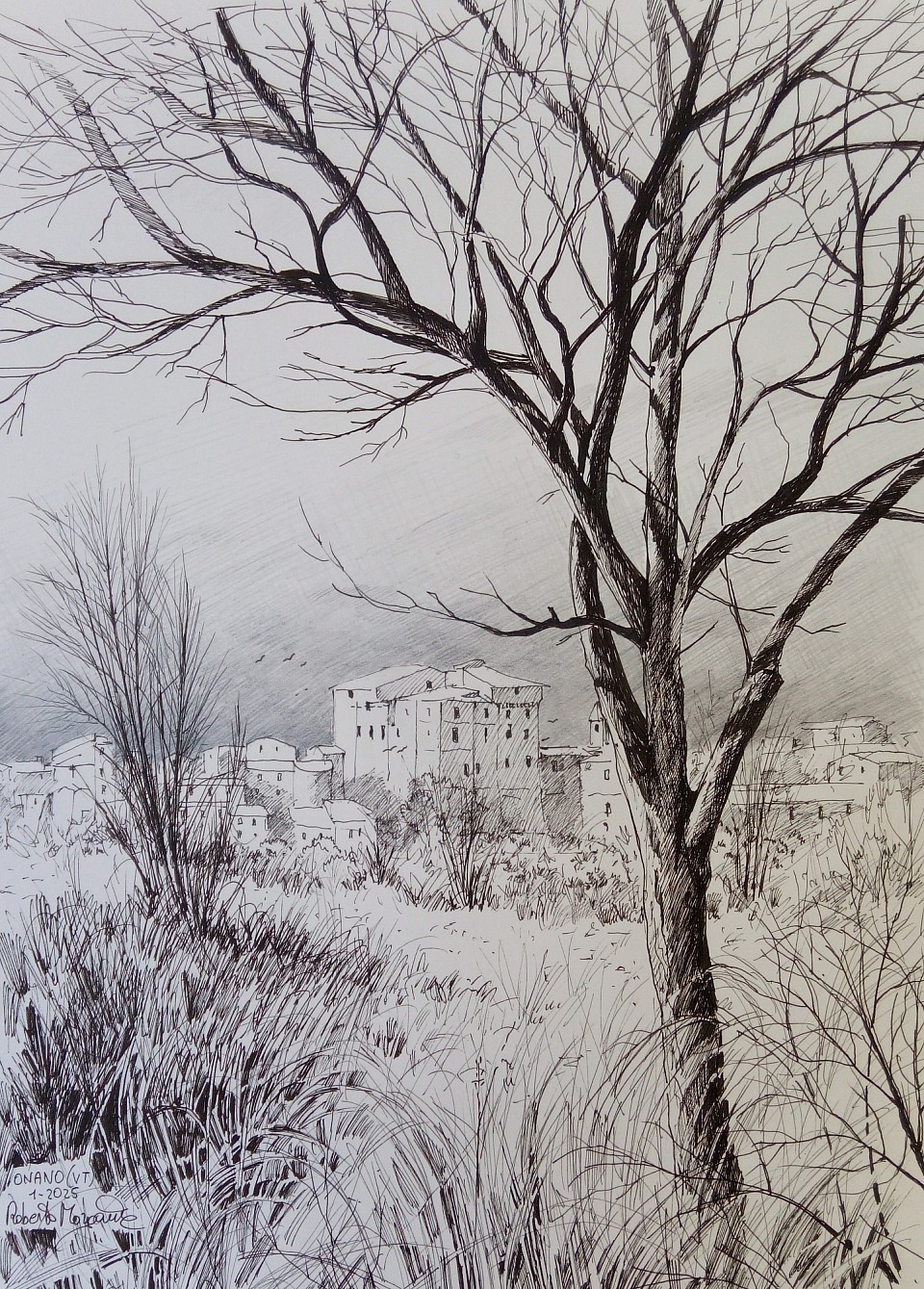 Onano. VT. Italia. Panoramica. Disegno a penna inchiostro.